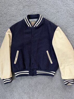 VTG Golden Bear Varsity Letterman Jacket Blue Wool Cream Leather Men L